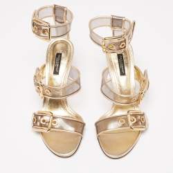 Dolce & Gabbana Metallic Gold Leather And PVC Ankle Cuff Sandals Size 37.5