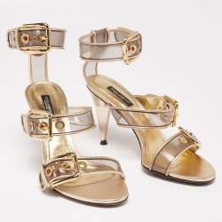 Dolce & Gabbana Metallic Gold Leather And PVC Ankle Cuff Sandals Size 37.5