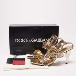 Dolce & Gabbana Metallic Gold Leather And PVC Ankle Cuff Sandals Size 37.5