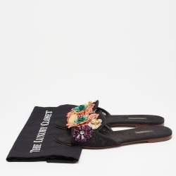 Pre Owned Dolce & Gabbana Black Lace Crystal Flower Embellished Flat Slides Size 38