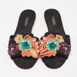 Pre Owned Dolce & Gabbana Black Lace Crystal Flower Embellished Flat Slides Size 38
