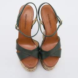 Dolce & Gabbana Green Leather Ankle Strap Raffia Wooden Heel Platform Wedge Sandals Size 38