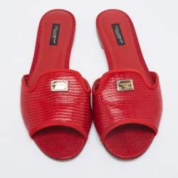 Pre Owned حذاء سلايدز دولتشي أند غابانا فلات جلد نقش سحلية أحمرمقاس 39