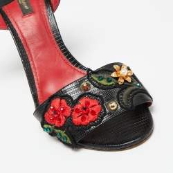 Dolce & Gabbana Black Lizard Embossed Carnation Heeled Sandals Size 40