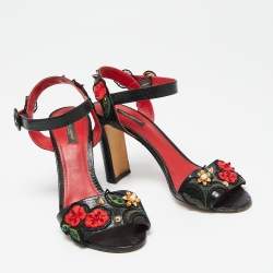 Dolce & Gabbana Black Lizard Embossed Carnation Heeled Sandals Size 40