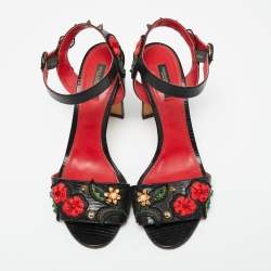 Dolce & Gabbana Black Lizard Embossed Carnation Heeled Sandals Size 40