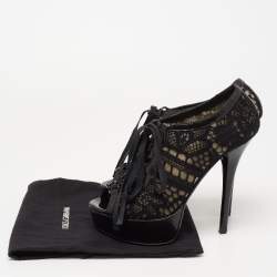 Dolce & Gabbana Black Lace and Patent Leather Lace-Up Peep-Toe Platform Booties Size 37.5