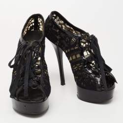Dolce & Gabbana Black Lace and Patent Leather Lace-Up Peep-Toe Platform Booties Size 37.5
