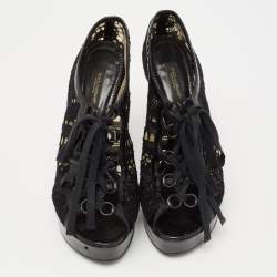 Dolce & Gabbana Black Lace and Patent Leather Lace-Up Peep-Toe Platform Booties Size 37.5