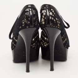 Dolce & Gabbana Black Lace and Patent Leather Lace-Up Peep-Toe Platform Booties Size 37.5