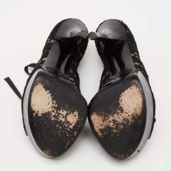 Dolce & Gabbana Black Lace and Patent Leather Lace-Up Peep-Toe Platform Booties Size 37.5