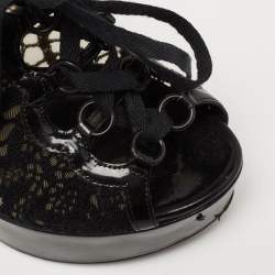 Dolce & Gabbana Black Lace and Patent Leather Lace-Up Peep-Toe Platform Booties Size 37.5