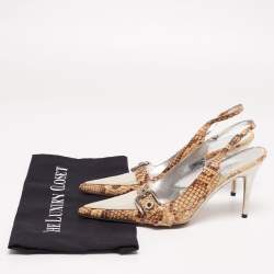Pre Owned Dolce & Gabbana Beige/Grey Python Leather And Eel Belt Detail Pointed Toe Slingback Sandals Size 38.5