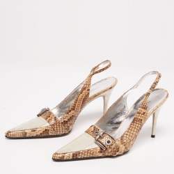 Pre Owned Dolce & Gabbana Beige/Grey Python Leather And Eel Belt Detail Pointed Toe Slingback Sandals Size 38.5