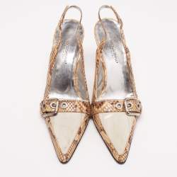 Pre Owned Dolce & Gabbana Beige/Grey Python Leather And Eel Belt Detail Pointed Toe Slingback Sandals Size 38.5