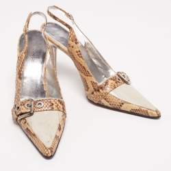 Pre Owned Dolce & Gabbana Beige/Grey Python Leather And Eel Belt Detail Pointed Toe Slingback Sandals Size 38.5