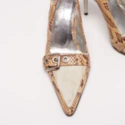 Pre Owned Dolce & Gabbana Beige/Grey Python Leather And Eel Belt Detail Pointed Toe Slingback Sandals Size 38.5