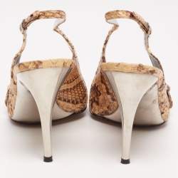 Pre Owned Dolce & Gabbana Beige/Grey Python Leather And Eel Belt Detail Pointed Toe Slingback Sandals Size 38.5
