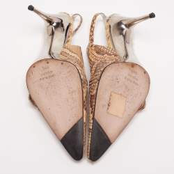 Pre Owned Dolce & Gabbana Beige/Grey Python Leather And Eel Belt Detail Pointed Toe Slingback Sandals Size 38.5