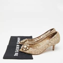 Pre Owned Dolce & Gabbana Beige Lace Bellucci Crystal Embellished Pointed Toe Pumps Size 36