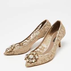 Pre Owned Dolce & Gabbana Beige Lace Bellucci Crystal Embellished Pointed Toe Pumps Size 36