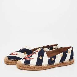 Pre Owned Dolce & Gabbana Navy Blue/White Striped Brocade Fabric Star Studded Anchor Flat Espadrilles Size 40
