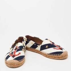 Pre Owned Dolce & Gabbana Navy Blue/White Striped Brocade Fabric Star Studded Anchor Flat Espadrilles Size 40