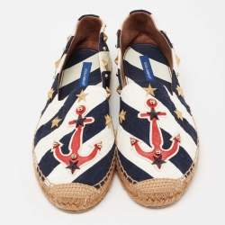 Pre Owned Dolce & Gabbana Navy Blue/White Striped Brocade Fabric Star Studded Anchor Flat Espadrilles Size 40