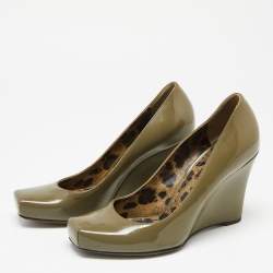 Dolce & Gabbana Olive Green Patent Leather Wedge  Pumps Size 38