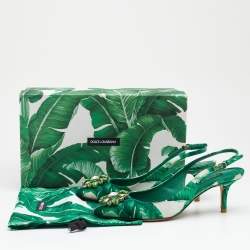 Pre Owned Dolce & Gabbana Green/White Banana Leaf-Print Fabric Crystal Embellished Slingback Sandals Size 37.5