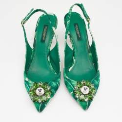 Pre Owned Dolce & Gabbana Green/White Banana Leaf-Print Fabric Crystal Embellished Slingback Sandals Size 37.5