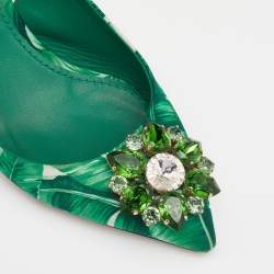 Pre Owned Dolce & Gabbana Green/White Banana Leaf-Print Fabric Crystal Embellished Slingback Sandals Size 37.5