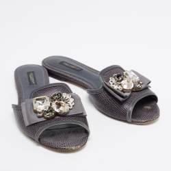 مملوكة مسبقًا Dolce & Gabbana Grey Lizard Embossed Leather Crystal Embellished Bow Flat Slides Size 38