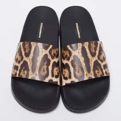 Pre Owned Dolce & Gabbana Brown Leopard Print Leather Flat Slides Size 37