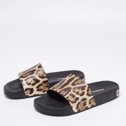 Pre Owned Dolce & Gabbana Brown Leopard Print Leather Flat Slides Size 37