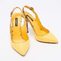 مملوكة مسبقًا Dolce & Gabbana Yellow/Brown Woven Raffia And Python Pointed Toe Slingback Sandals Size 37