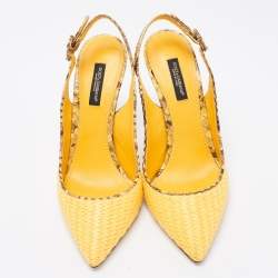 مملوكة مسبقًا Dolce & Gabbana Yellow/Brown Woven Raffia And Python Pointed Toe Slingback Sandals Size 37