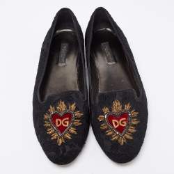 Dolce & Gabbana Black Brocade Fabric Slip on Loafers Size 38