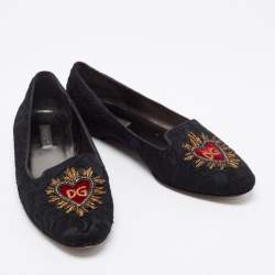 Dolce & Gabbana Black Brocade Fabric Slip on Loafers Size 38