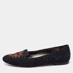 Dolce & Gabbana Black Brocade Fabric Slip on Loafers Size 38