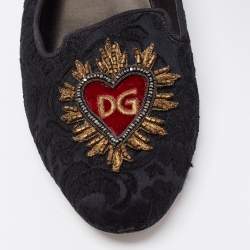 Dolce & Gabbana Black Brocade Fabric Slip on Loafers Size 38