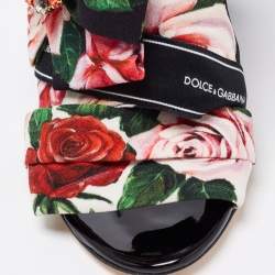 Pre Owned صندل دولتشي أند غابانا قماش مورد مطبوع متعدد الألوان فيونكة مزخرفة كريستال كعب مربع سميك مقاس 36