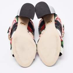 Pre Owned صندل دولتشي أند غابانا قماش مورد مطبوع متعدد الألوان فيونكة مزخرفة كريستال كعب مربع سميك مقاس 36