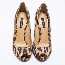 Pre Owned Dolce & Gabbana Brown Leopard Print Canvas Peep Toe Pumps Size 36.5