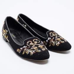 Dolce & Gabbana Black Fabric And Sequin Embroidered Smoking Slippers Size 40