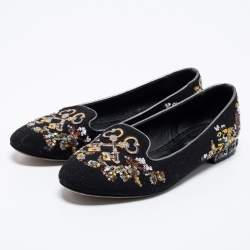 Dolce & Gabbana Black Fabric And Sequin Embroidered Smoking Slippers Size 40