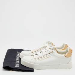 Pre Owned Dolce & Gabbana White/Gold Leather Portofino Embellished Low Top Sneakers Size 38