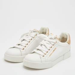Pre Owned Dolce & Gabbana White/Gold Leather Portofino Embellished Low Top Sneakers Size 38