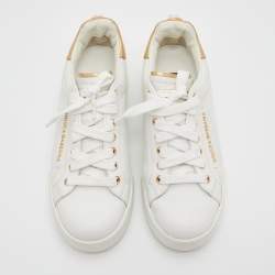 Pre Owned Dolce & Gabbana White/Gold Leather Portofino Embellished Low Top Sneakers Size 38