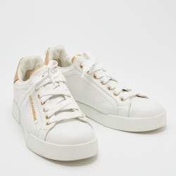 Pre Owned Dolce & Gabbana White/Gold Leather Portofino Embellished Low Top Sneakers Size 38